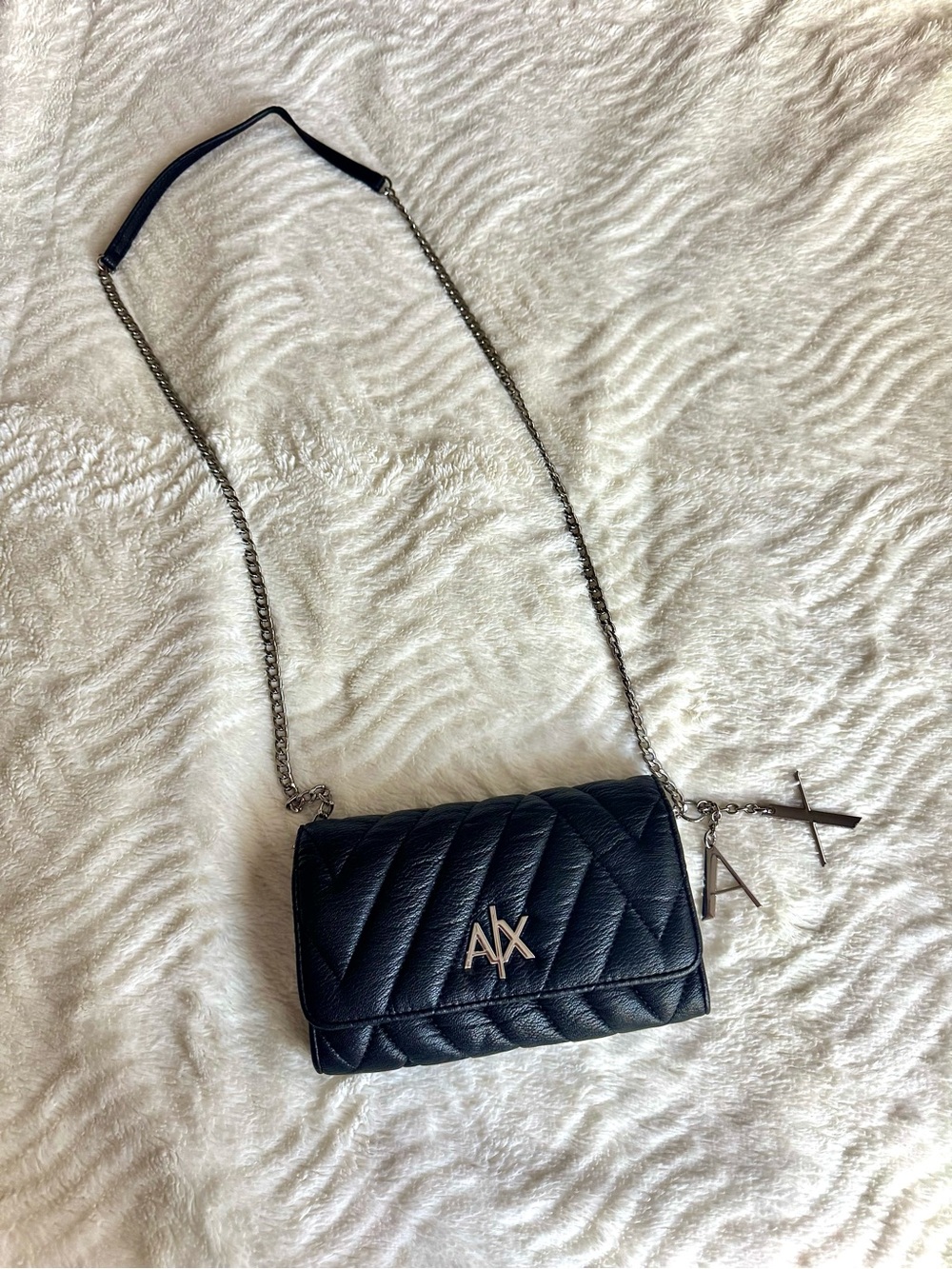 A/X Armani Exchange Black Quilted Chevron Chain Crossbody with Logo Charms